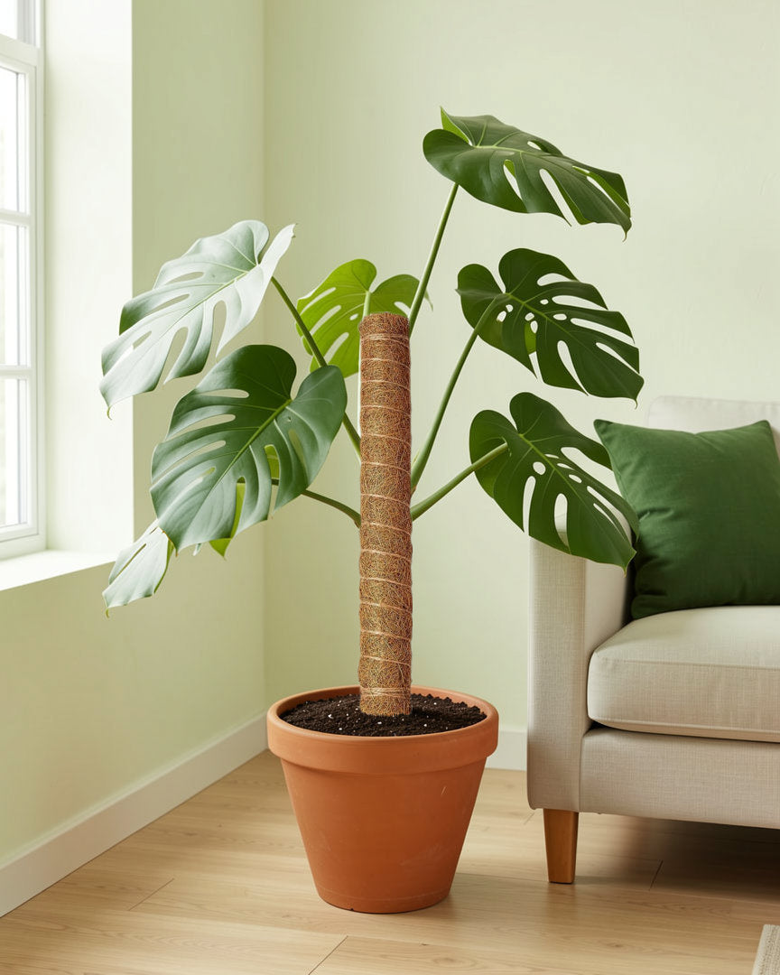 One coir moss pole from the set in a terracotta pot beside a monstera, in a bright living room. Plant, pot and soil not included.