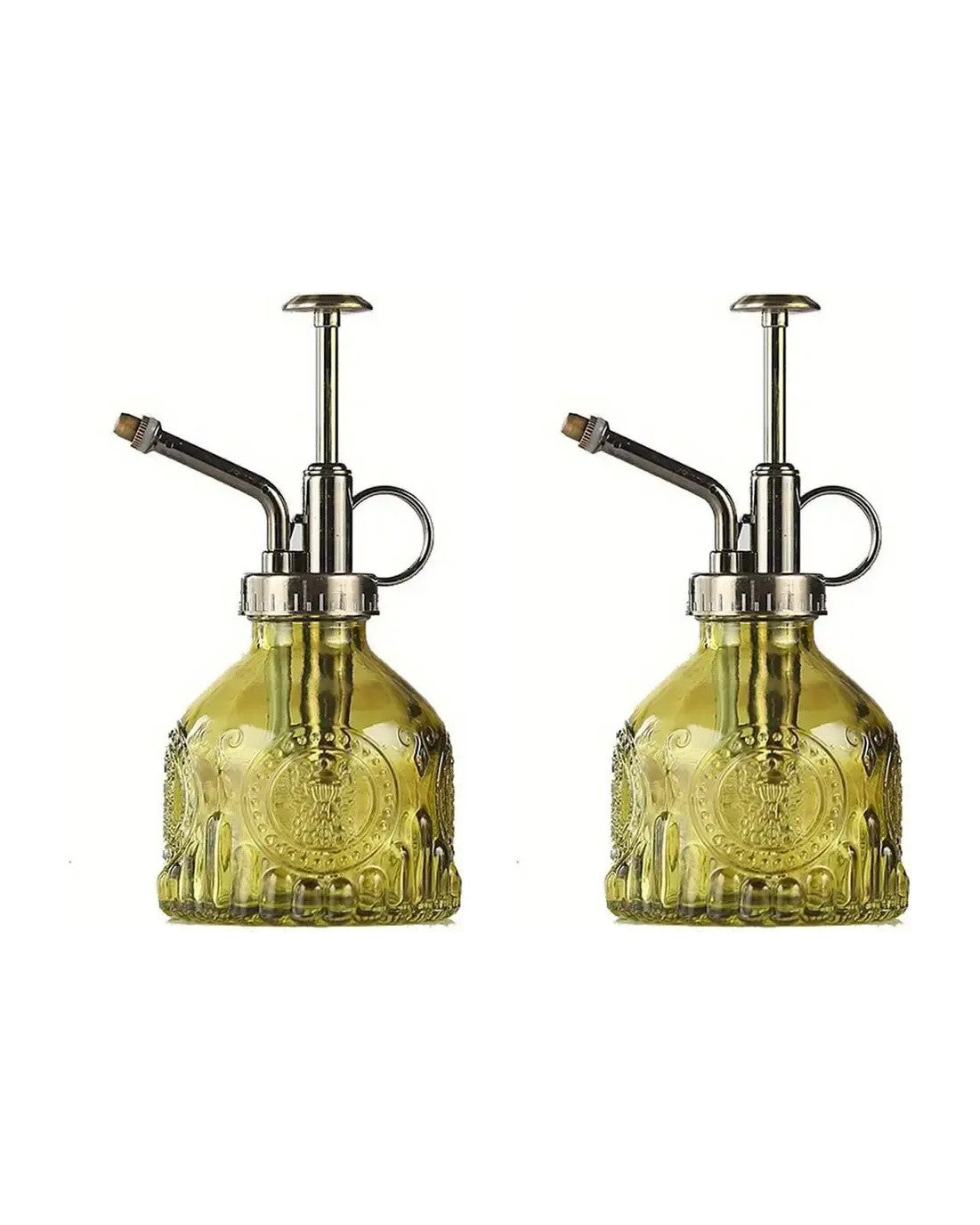 The set of two plant misters in green, side by side