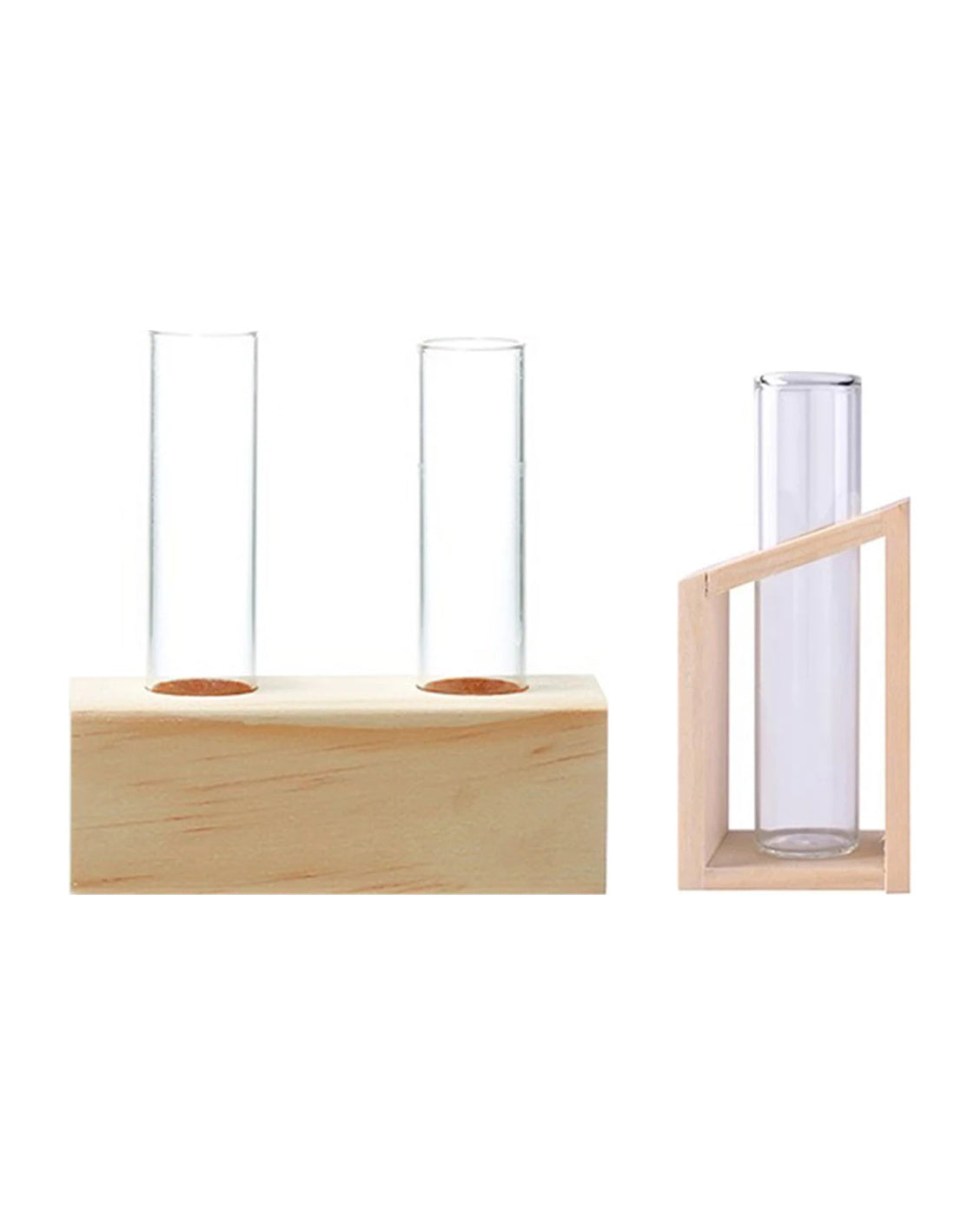 Everything in the set: a wooden block with two glass test tubes and a slanted wooden frame with one tube, on white