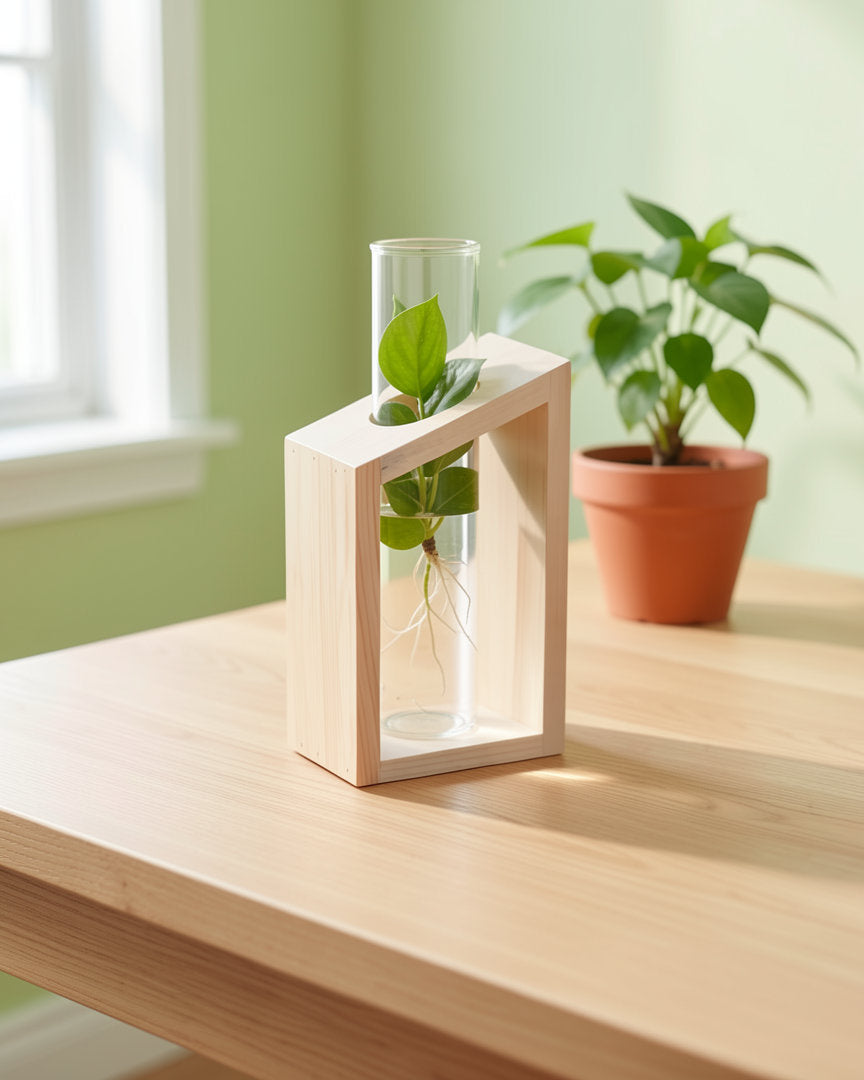 The single slanted frame from the set on a wooden table by a window, with a cutting in the tube and a potted plant beside it. Cutting and plant not included.