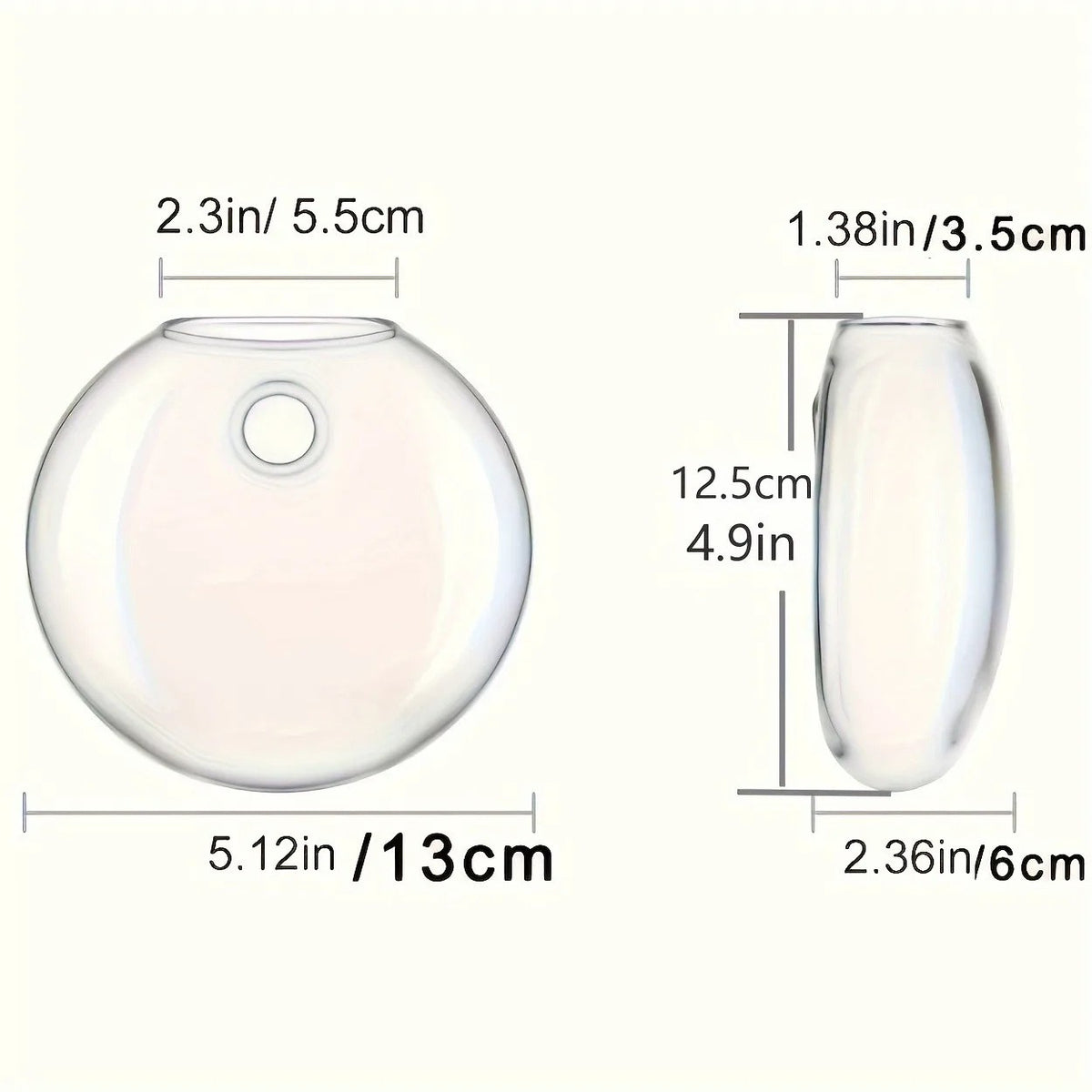 Size of one vase: 5.1 in across, 4.9 in high, 2.4 in deep, 2.2 in opening