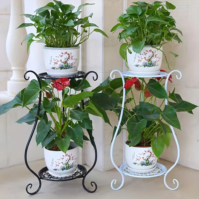 The two-tier plant stand in black and in white, side by side