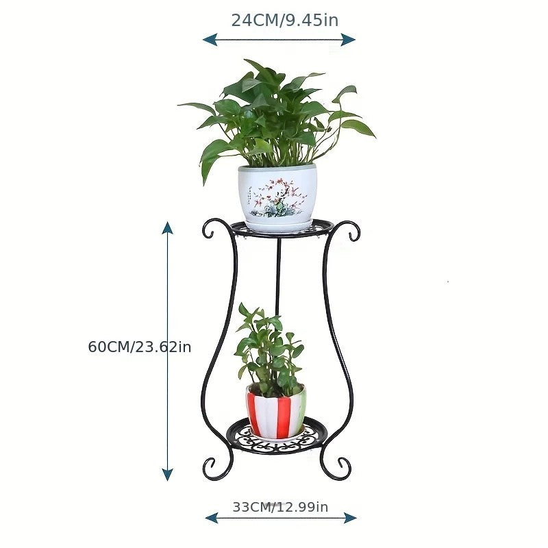 Black two-tier plant stand on white with its size: 23.6 in high, 13 in wide, 9.4 in top tray
