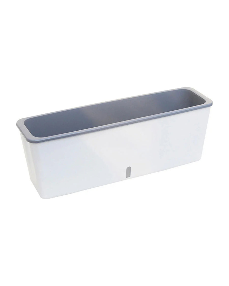Two white self-watering window boxes with a grey inner tray and a water level window, on white