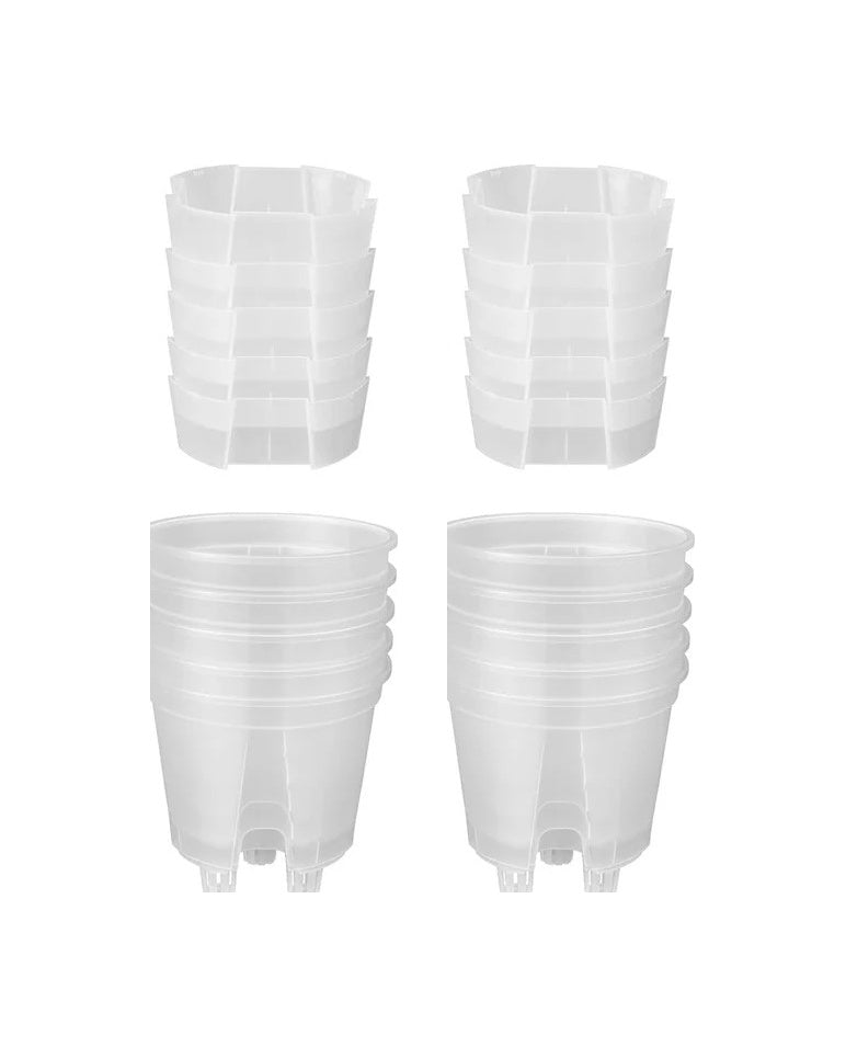The clear set: 10 pots and 10 water bases, stacked, on white