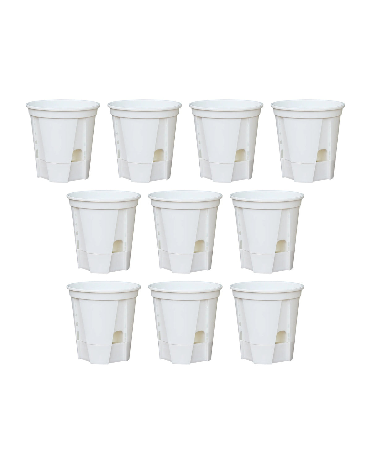 The white set: 10 pots in their water bases, on white