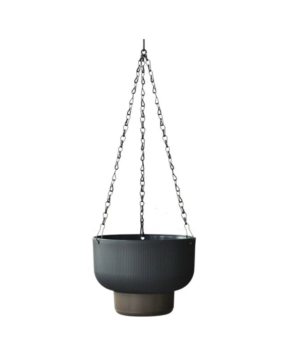 Gray hanging planter with a dark water base and a black chain, on white