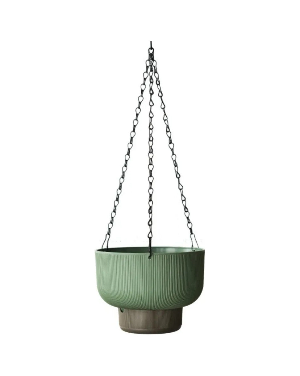 Green hanging planter with a dark water base and a black chain, on white