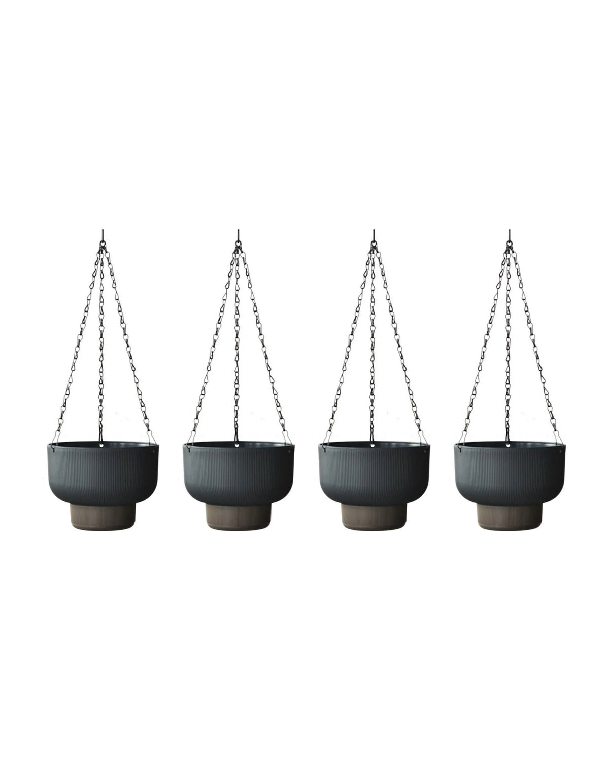 The set of four hanging planters in gray, on white