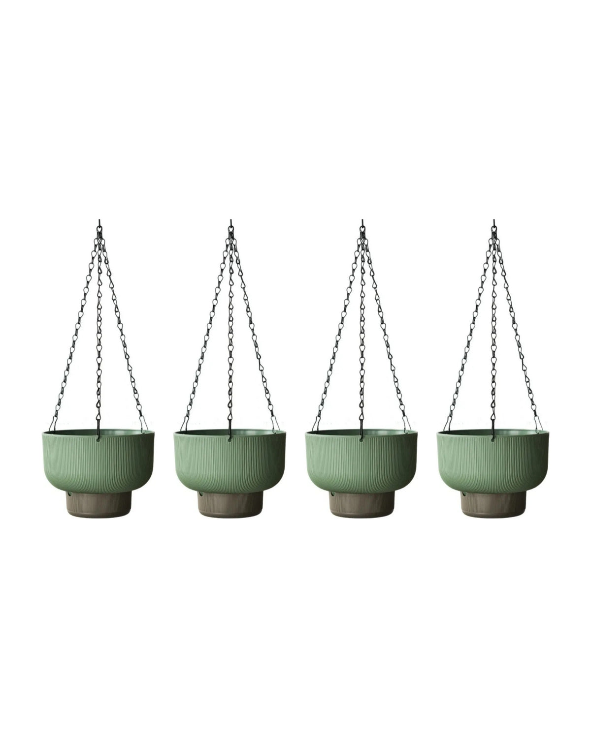 The set of four hanging planters in green, on white