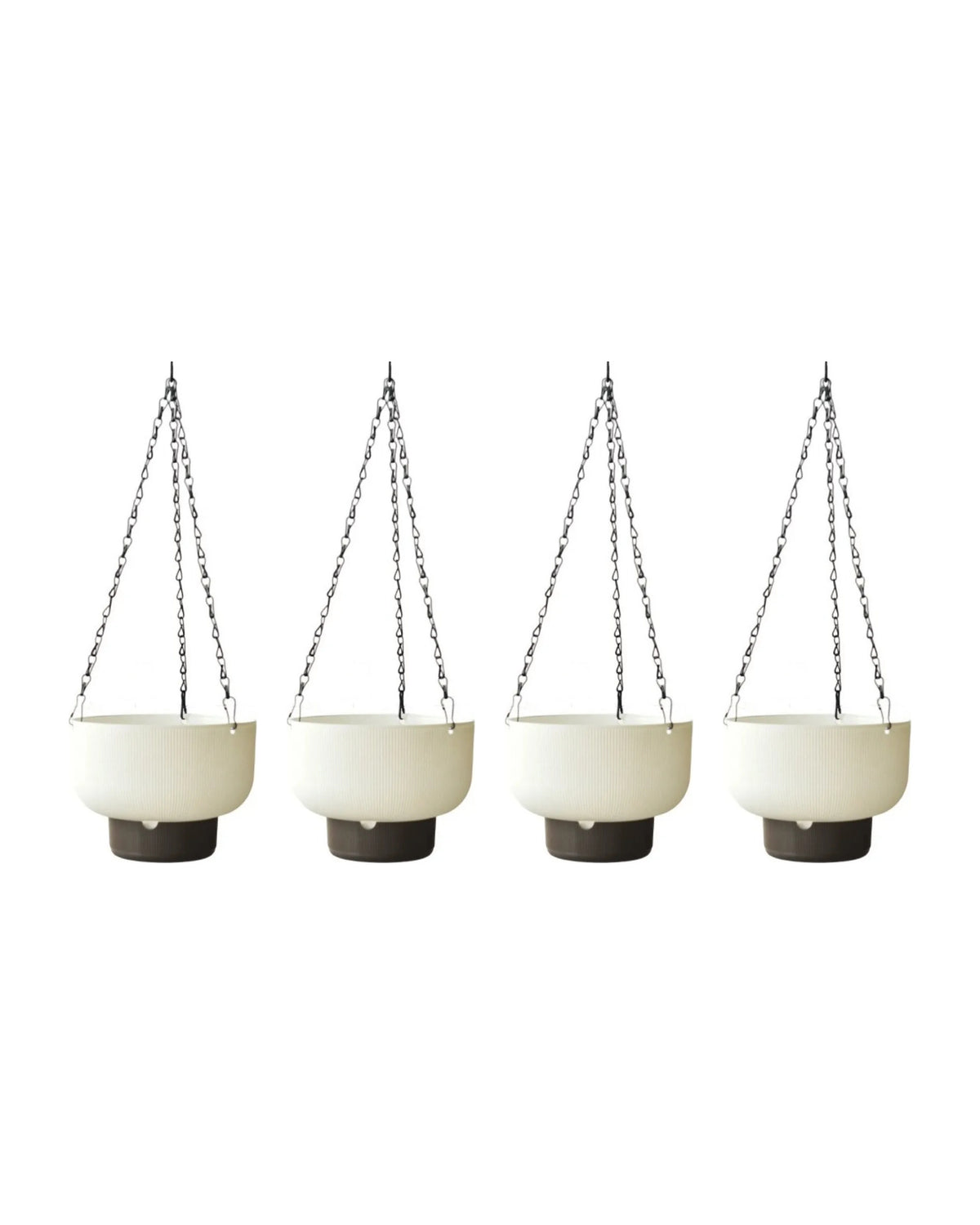 The set of four hanging planters in white, on white